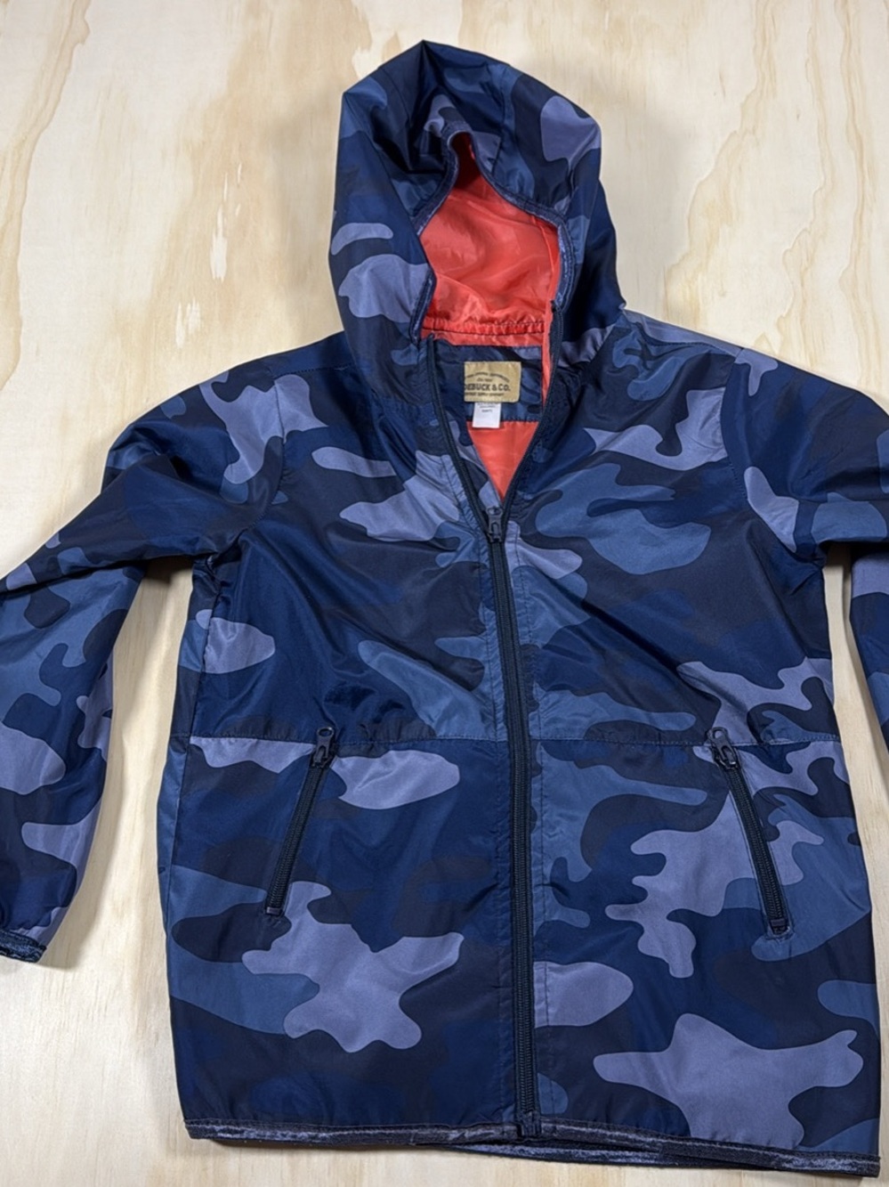 Roebuck and Co Boys Navy & Gray Camo Hooded Windbreaker - Orange Lining